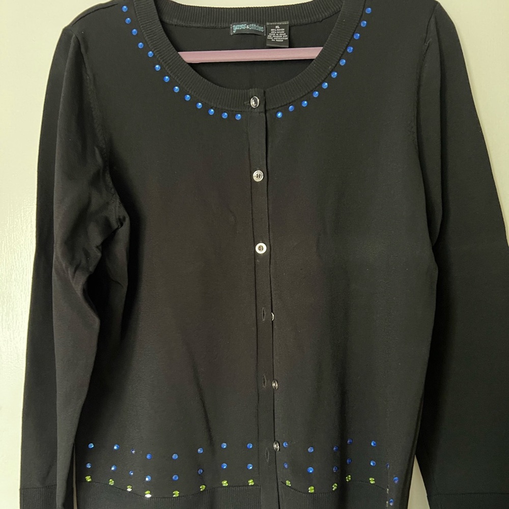 Women’s black rayon and nylon cardigan with fun beaded detail